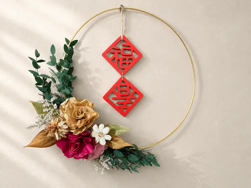 金色圓框與花材構成的空間花藝